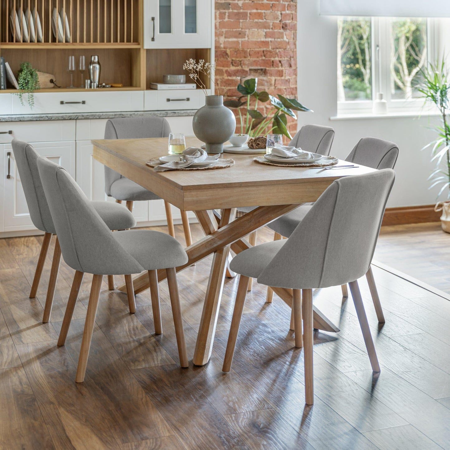 Amelia Whitewash Wooden Dining Table Set - 6 Fossil Dining Chairs - Laura James