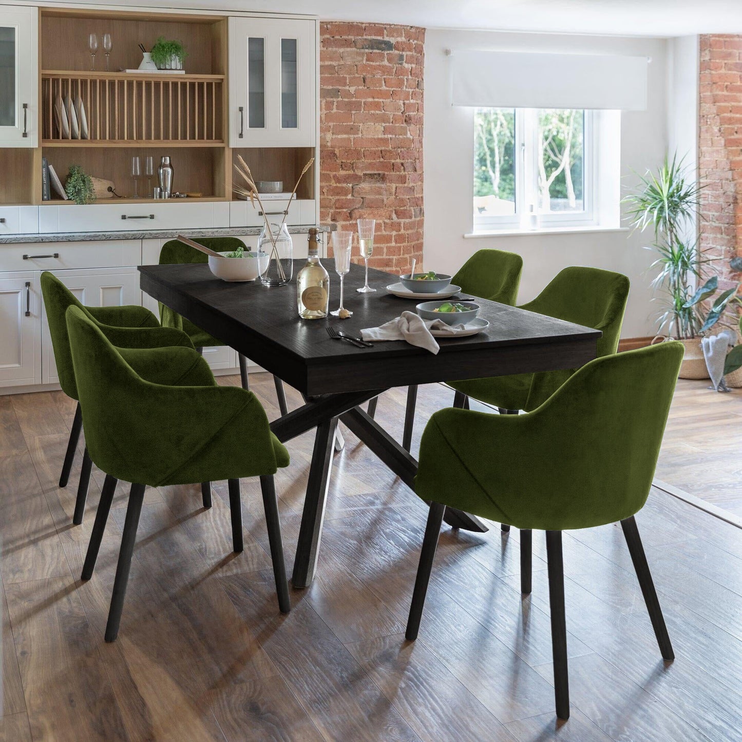Amelia Black Dining Table Set - 6 Seater - Freya Fern Green Carver Chairs - Black Legs