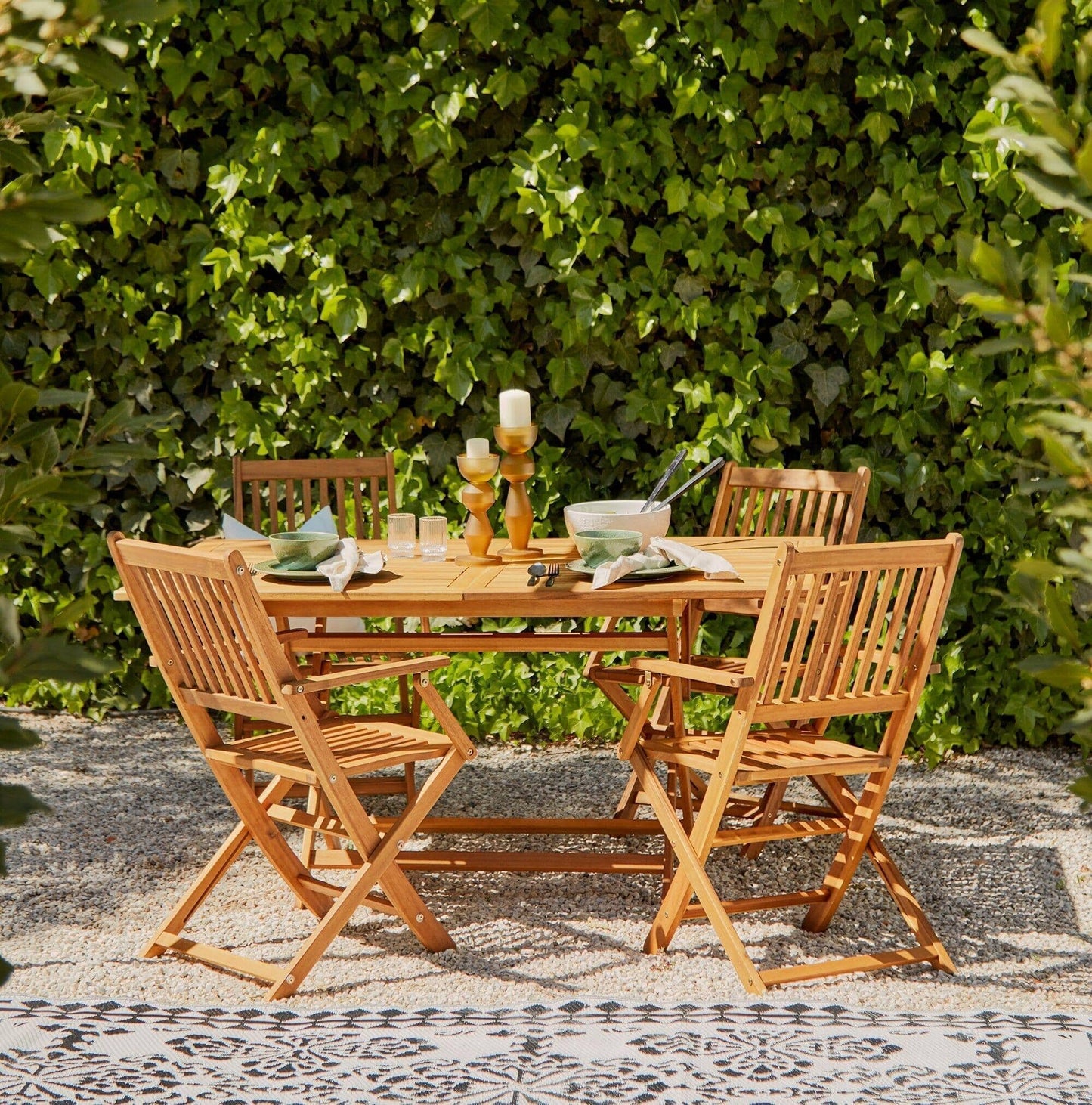Ashby 4 Seater Wooden Rectangular Garden Armchair Dining Set with Cream LED Premium Parasol - 120cm