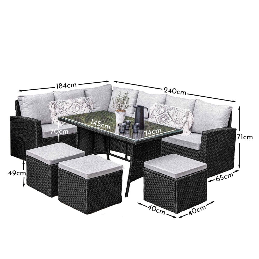 Aston 9 Seater Rattan Garden Corner Sofa Set with Cream Lean Over Parasol - Black Weave
