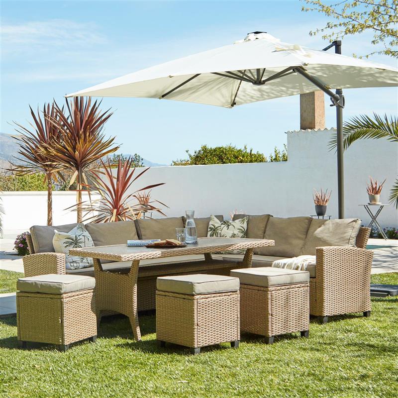 Aston 9 Seater Rattan Corner Sofa Set with Cream LED Premium Parasol with Glass Table Top - Natural Brown - Laura James