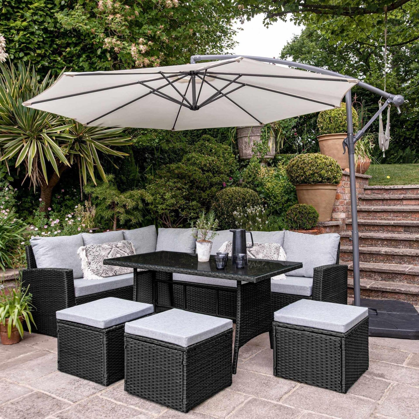 Aston rattan corner sofa set - cream lean over parasol - 9 seater - black - Laura James
