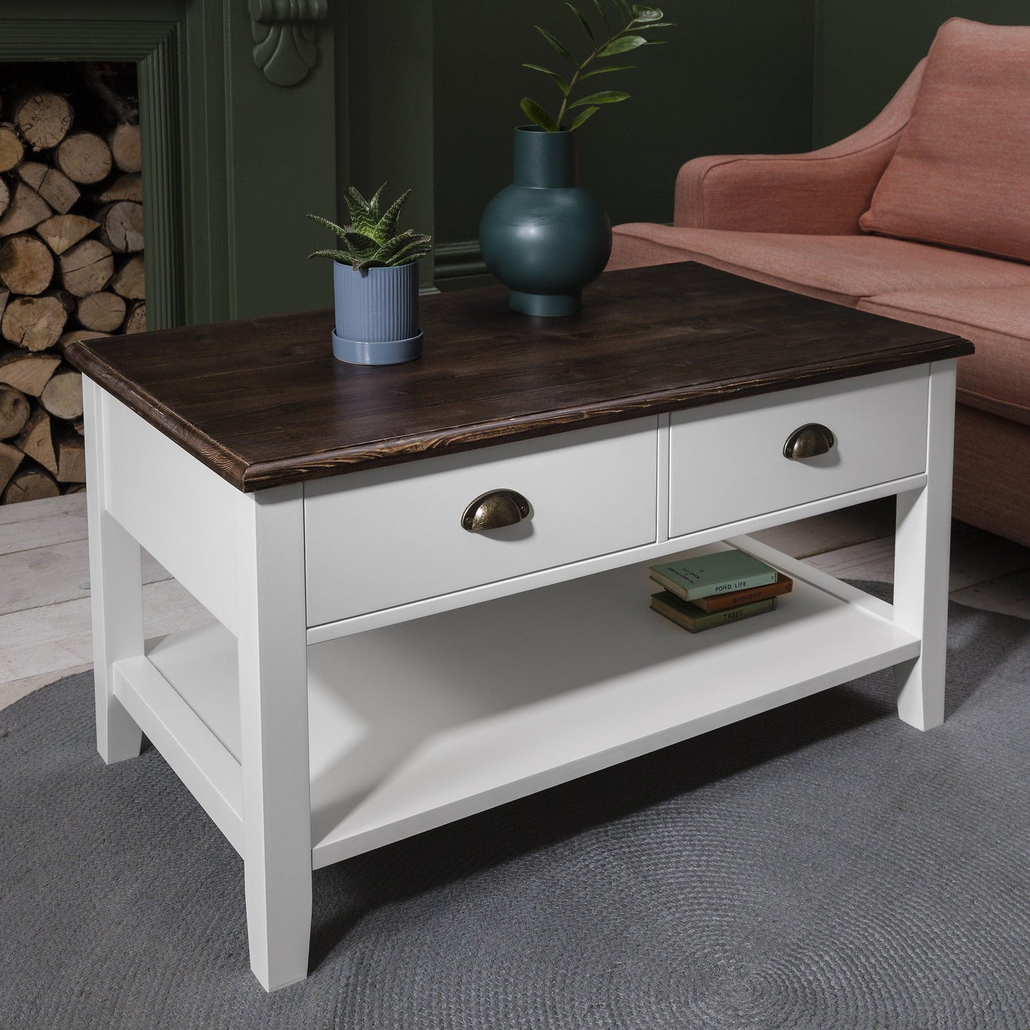 White Wooden Coffee Table with 4 Storage Drawers - Laura James