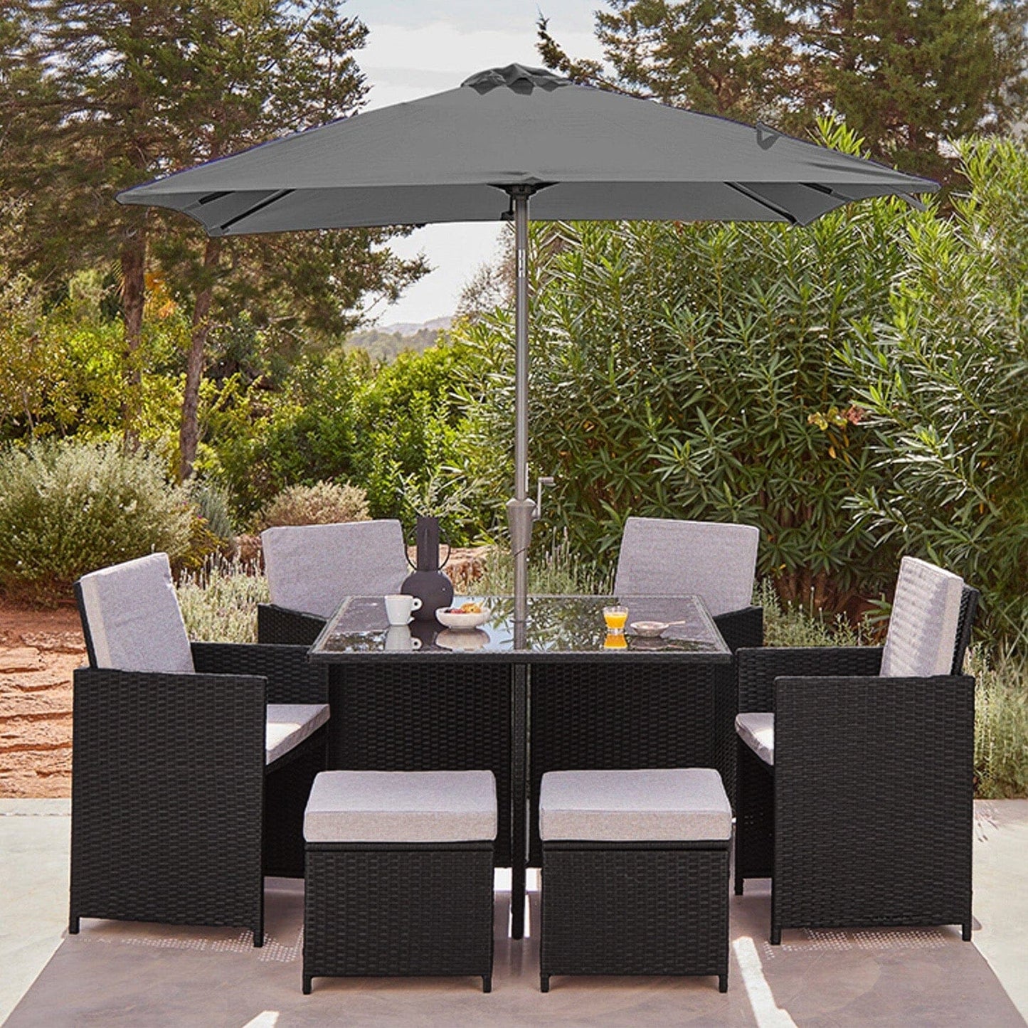 Cube 8 Seater Rattan Outdoor Dining Set with Grey LED Premium Parasol - Black Weave