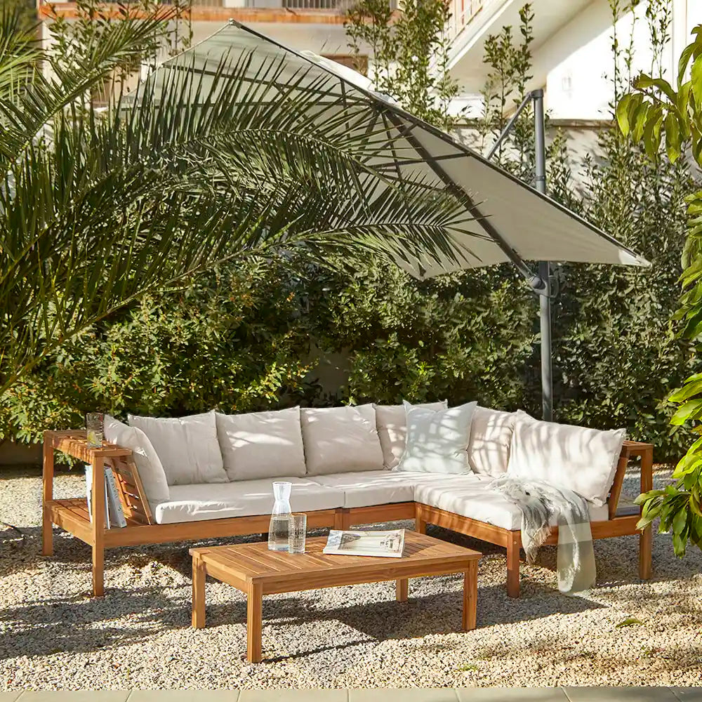 Dakota Wooden Garden Corner Sofa Set with Cream Parasol - Natural Cushions - Laura James