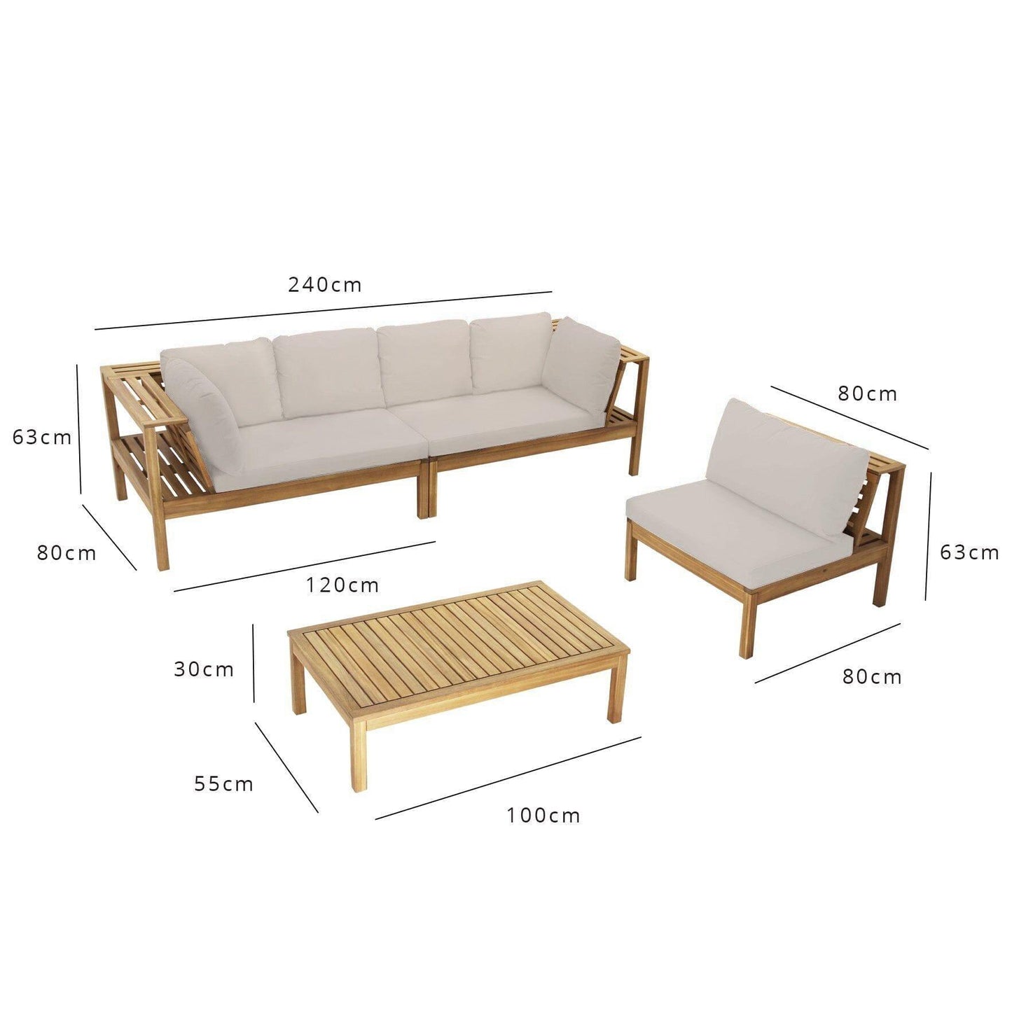 Dakota outdoor sofa set with cream LED premium parasol - acacia wood - cream cushions