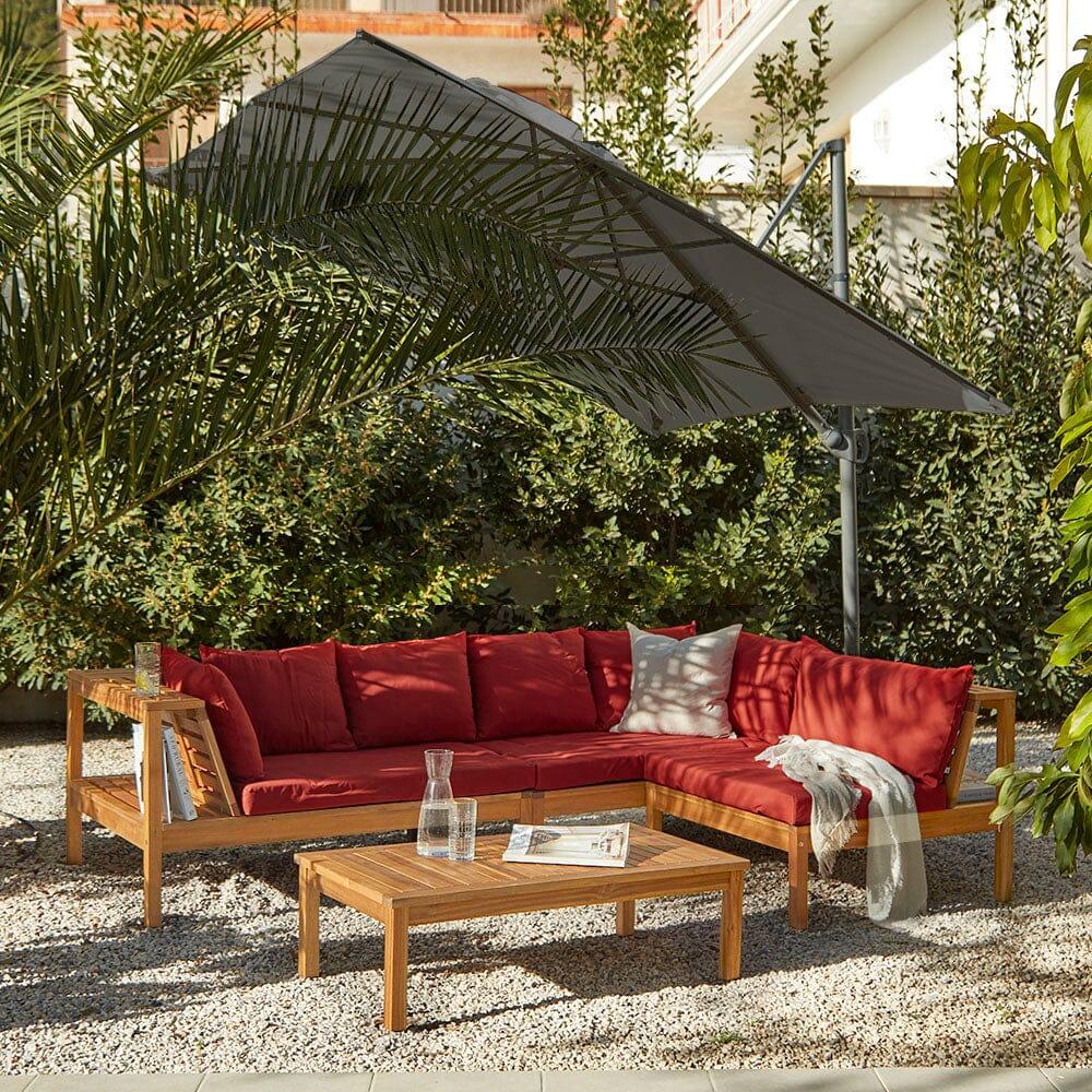 Dakota Wooden Garden Corner Sofa Set with Grey LED Premium Parasol - Red Cushions - Laura James