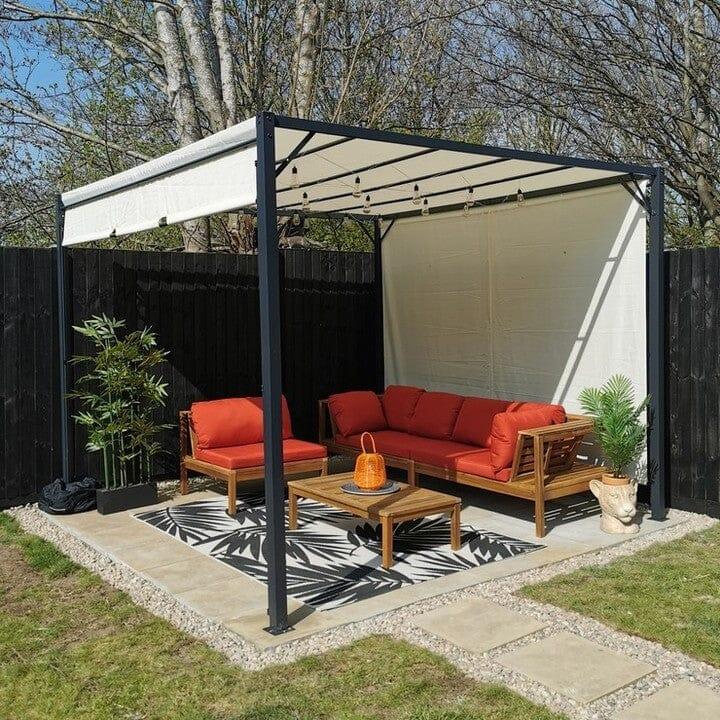 Dakota Wooden Garden Corner Sofa Set with Grey LED Premium Parasol - Red Cushions - Laura James