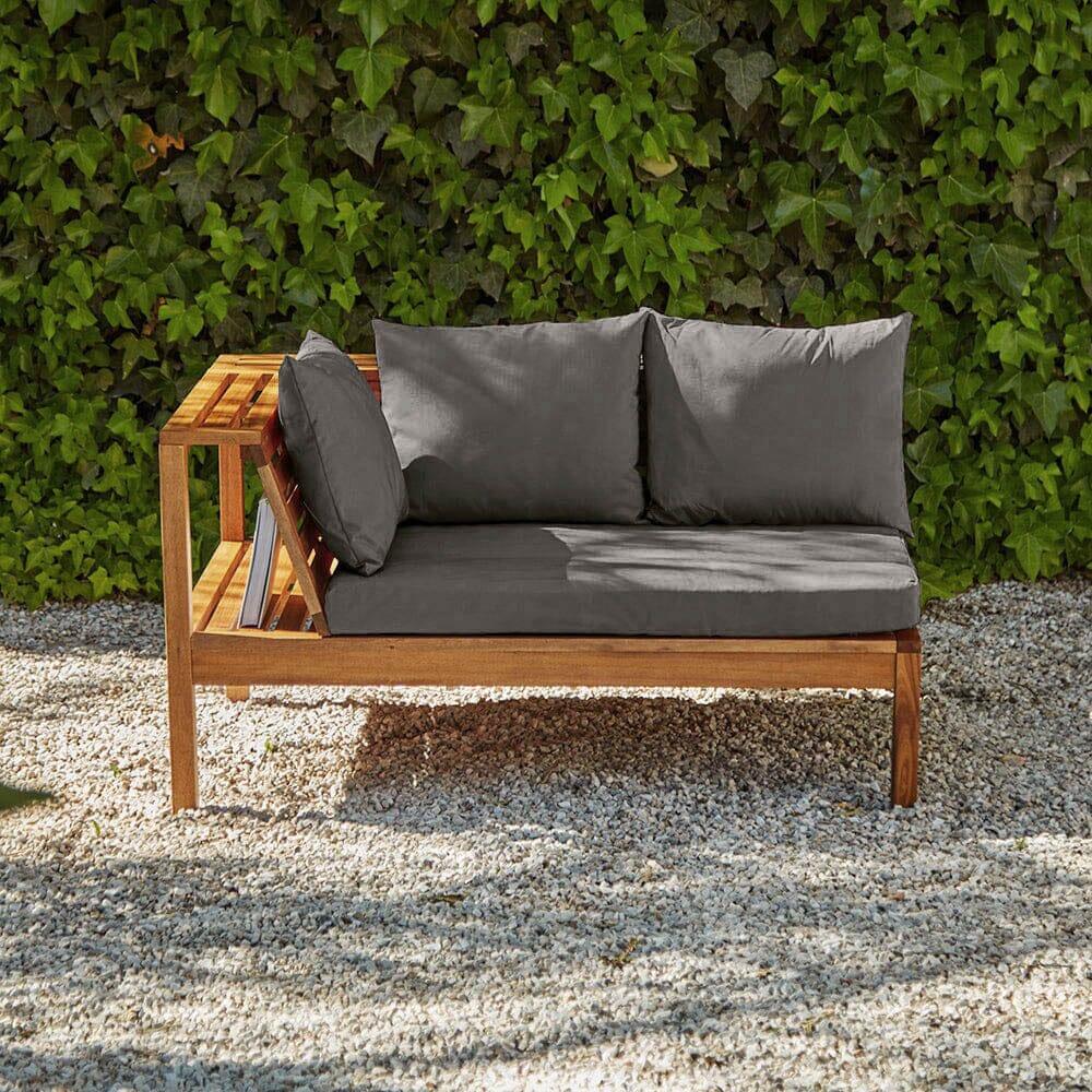 Dakota Corner Wooden Sofa Set with Cream LED Premium Parasol- Grey Cushions