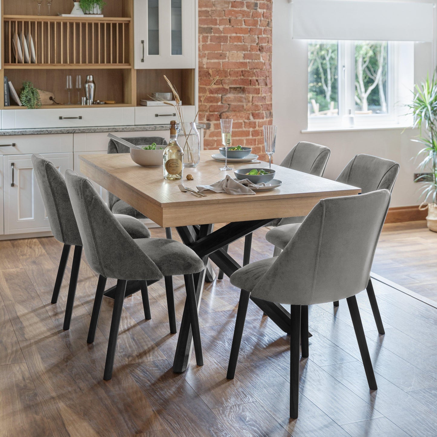 Amelia Whitewash Dining Table Set - 6 Seater - Freya Grey Dining Chairs - Black Legs