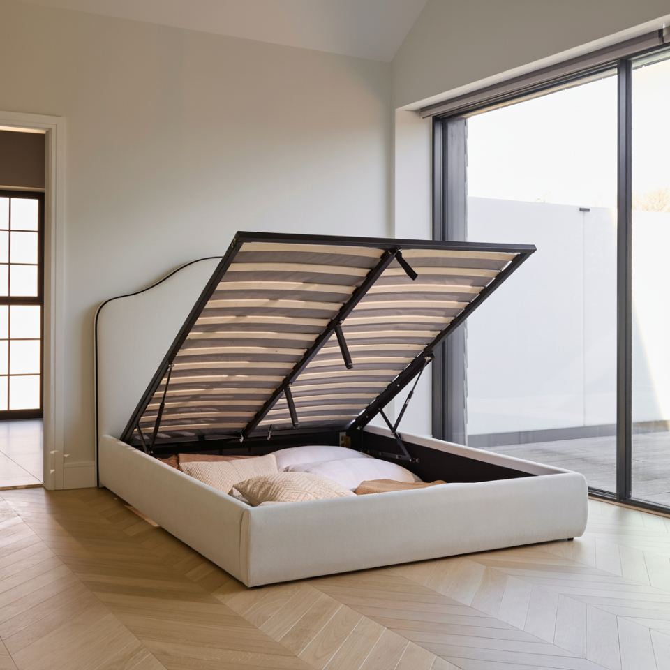 Odette King Size Ottoman Bed - Ivory - Jet Black Piping - Laura James