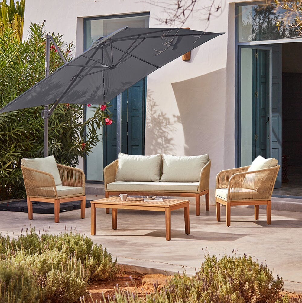 Eaden Rope Garden Conversation Set with Grey LED Premium Cantilever Parasol - Natural - Laura James