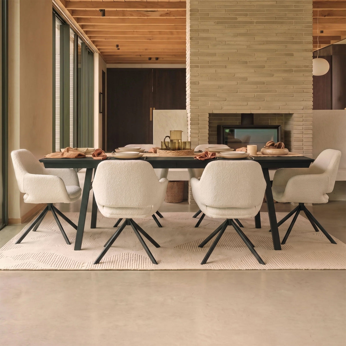 Sabina 160-240cm Black Oak Extending Dining Table Set - 6 Seater - Parker Snow White Boucle Office Chairs - Black Metal Legs - Laura James