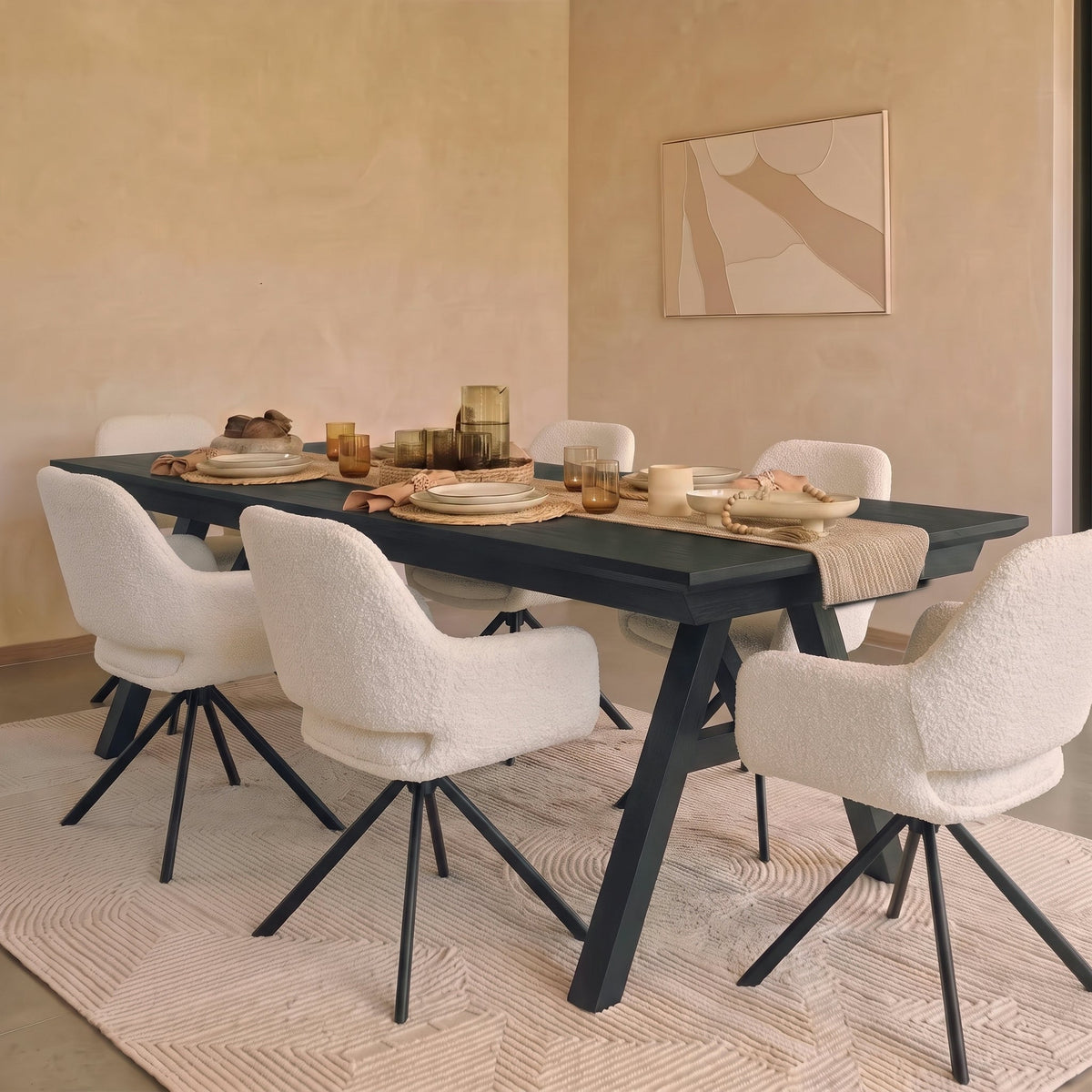 Sabina 160-240cm Black Oak Extending Dining Table Set - 6 Seater - Parker Snow White Boucle Office Chairs - Black Metal Legs - Laura James