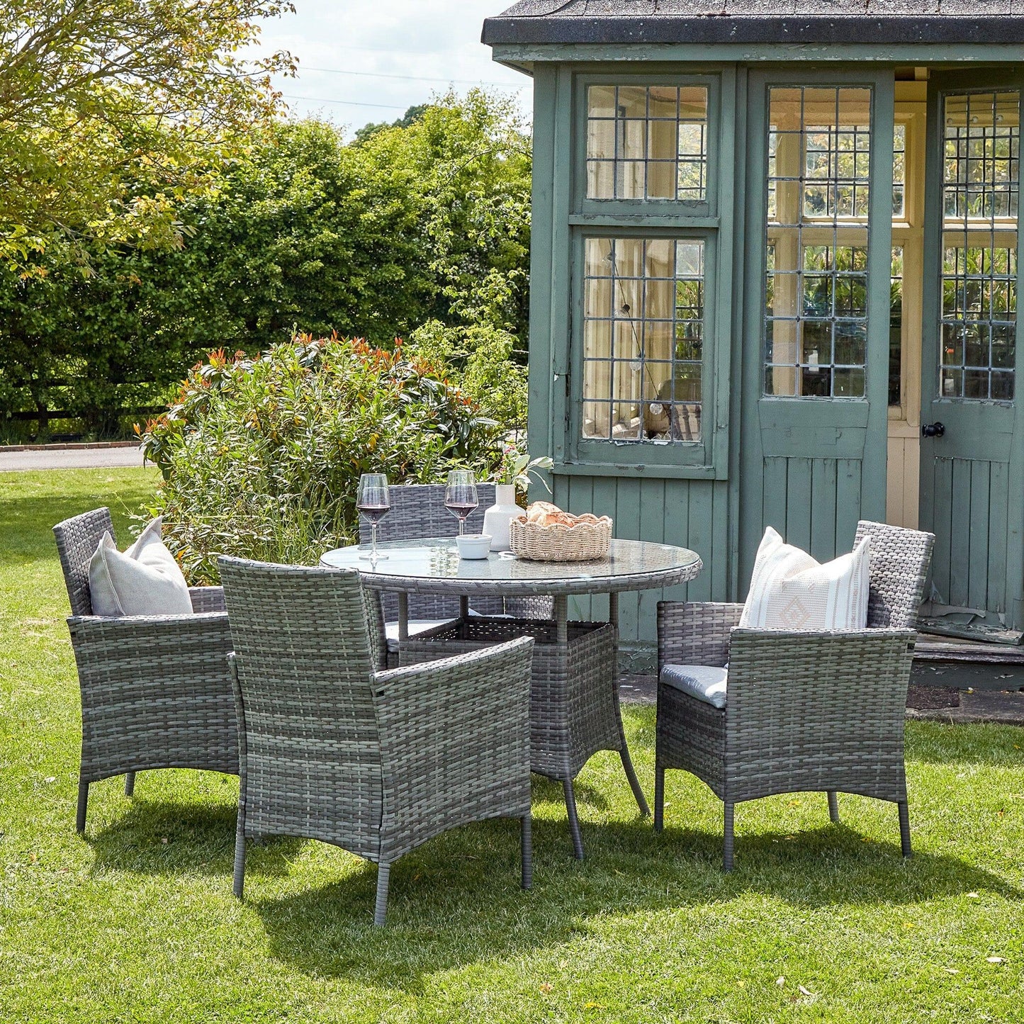 4 Seater Rattan Round Dining Table & Chair Set - Grey - Laura James