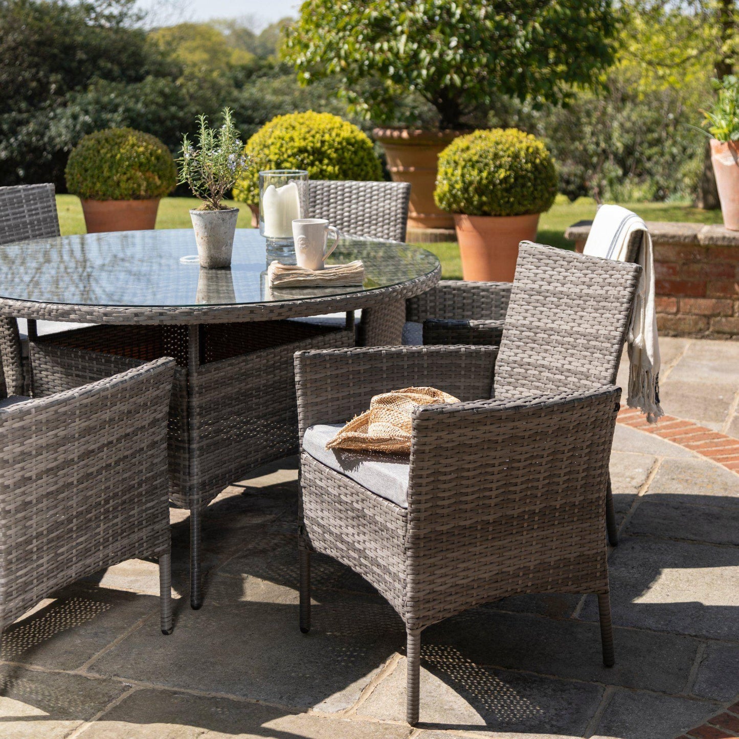 6 Seater Rattan Dining Table Set in Grey - Garden Furniture Outdoor - Laura James