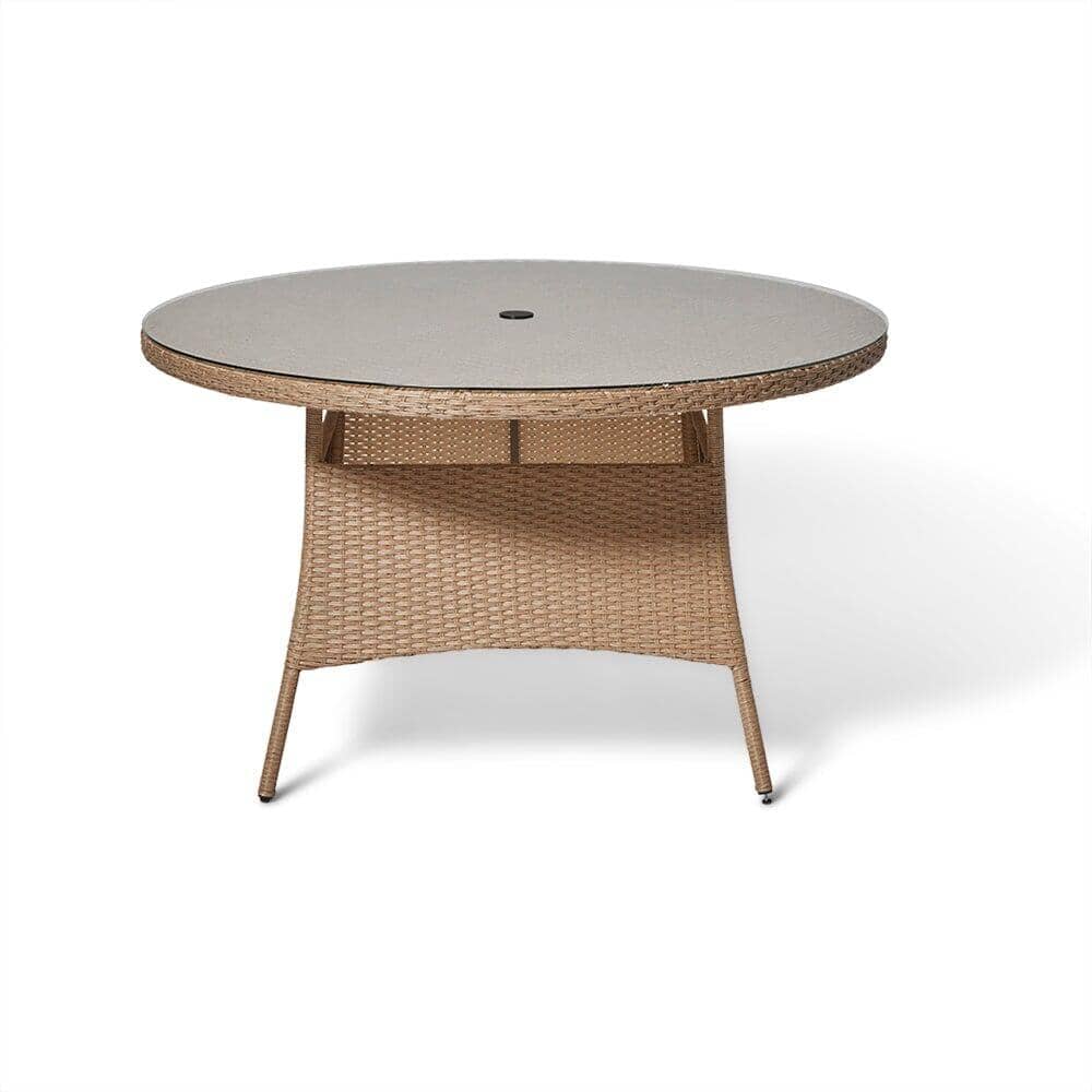 Kemble 6 Seater Rattan Round Garden Dining Set with Cream LED Premium Parasol - Natural Brown Weave