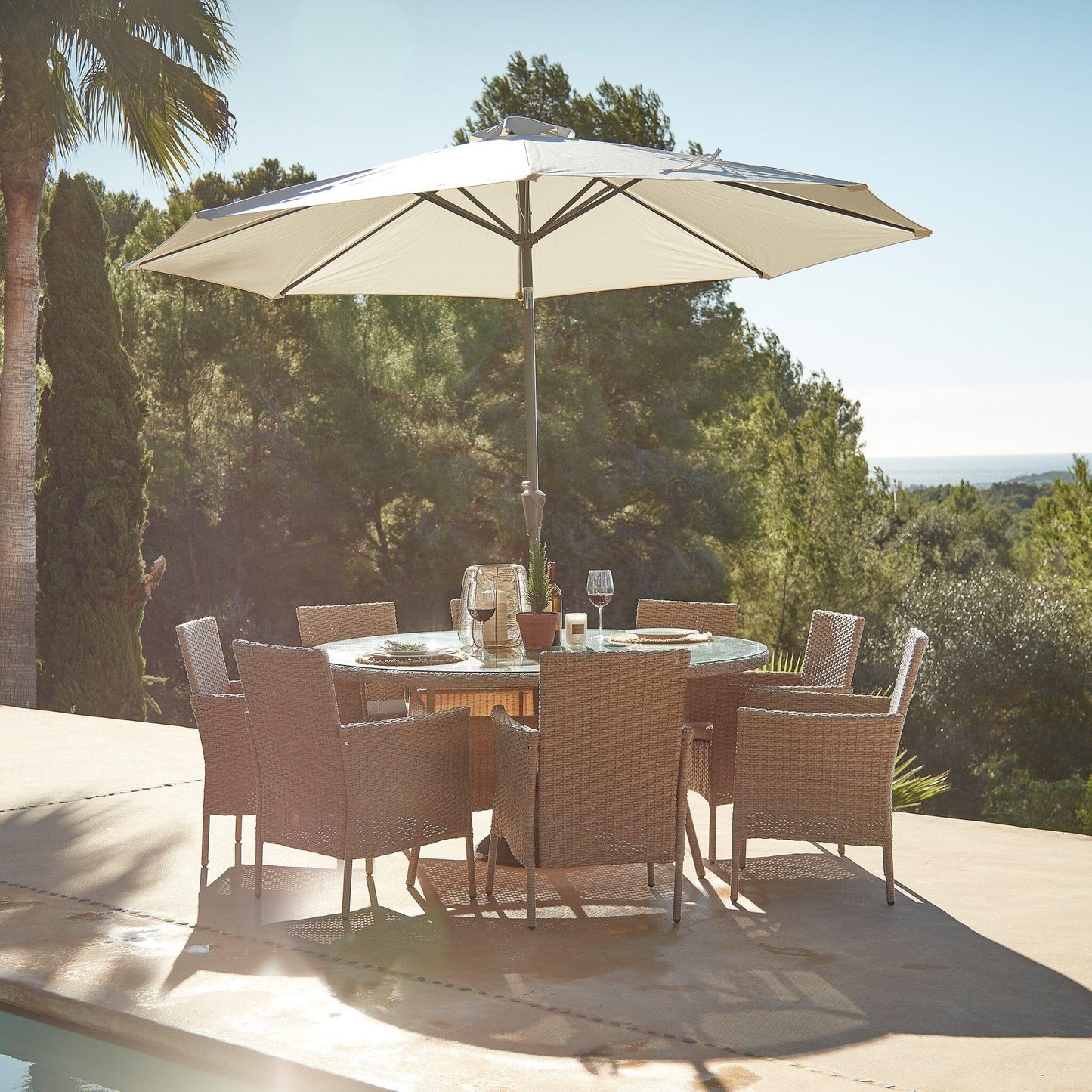 Kemble 8 Seater Rattan Round Dining Set with Cream Parasol - Natural Brown - Laura James