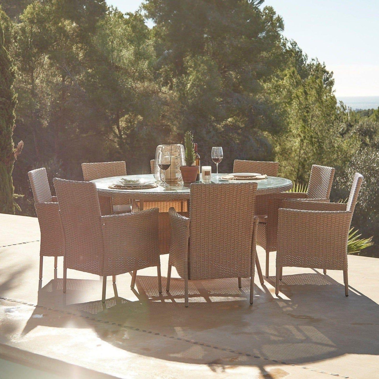 Kemble 8 Seater Rattan Round Dining Set with Grey Parasol - Natural Brown - Laura James