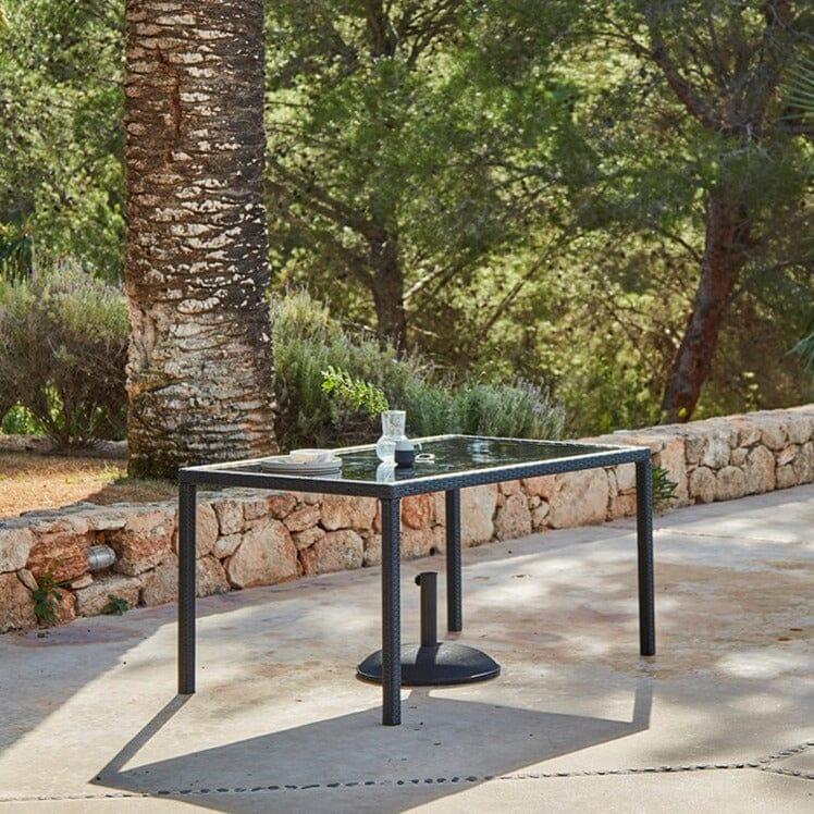 Marston 4 Seater Rattan Outdoor Dining Set with Cream LED Premium Parasol - Rattan Garden Furniture - Black - Glass Top - Laura James