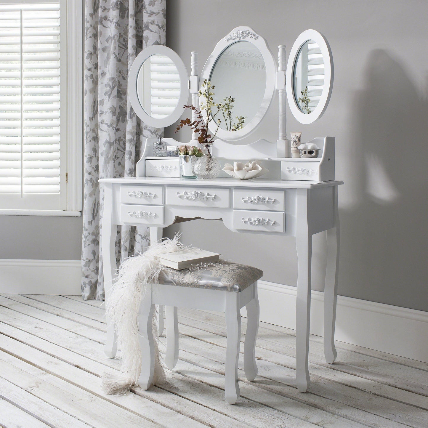Monaco Dressing Table, Stool & Mirror Set - White Painted - Laura James
