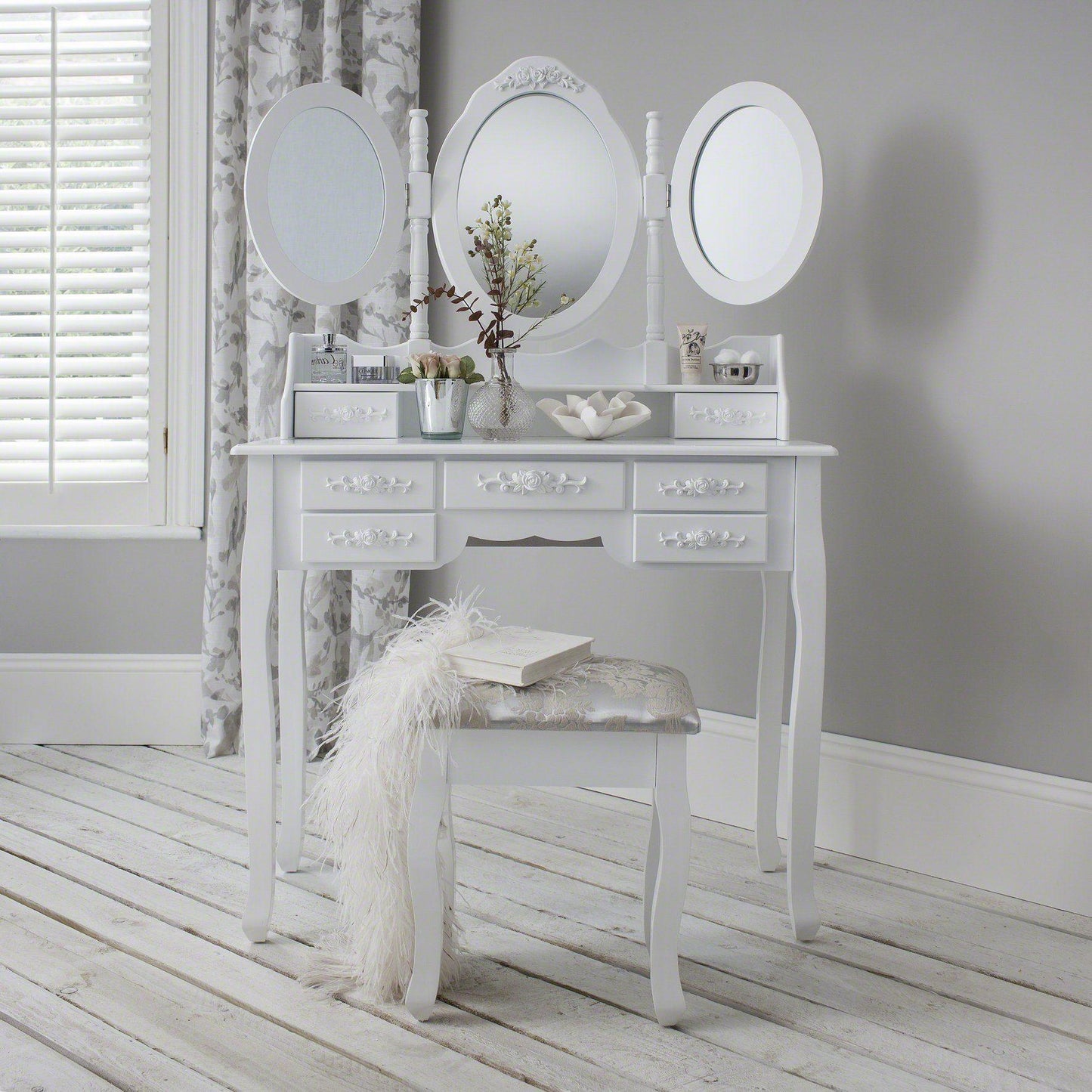 Monaco Dressing Table, Stool & Mirror Set - White Painted - Laura James