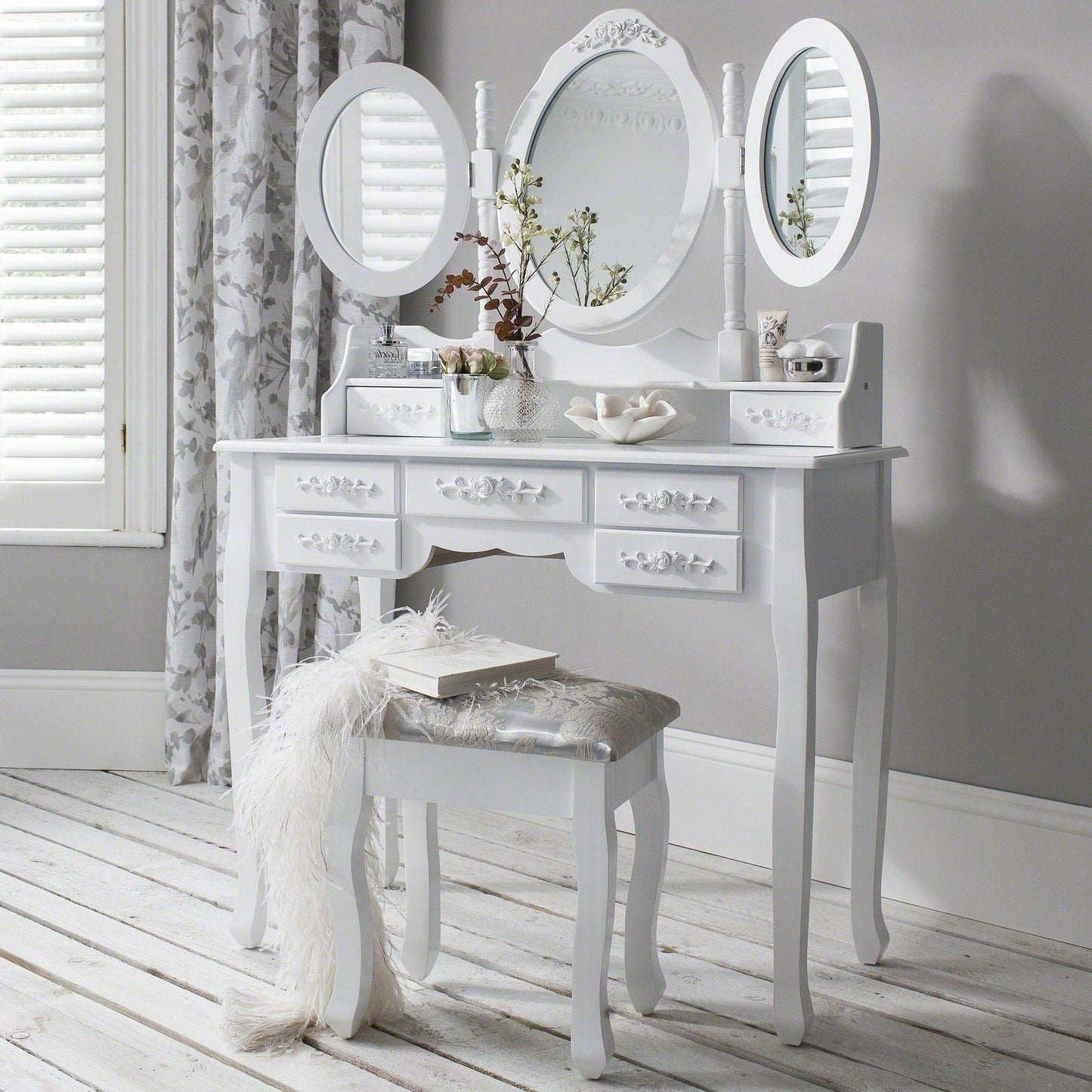 Monaco Dressing Table, Stool & Mirror Set - White Painted - Laura James