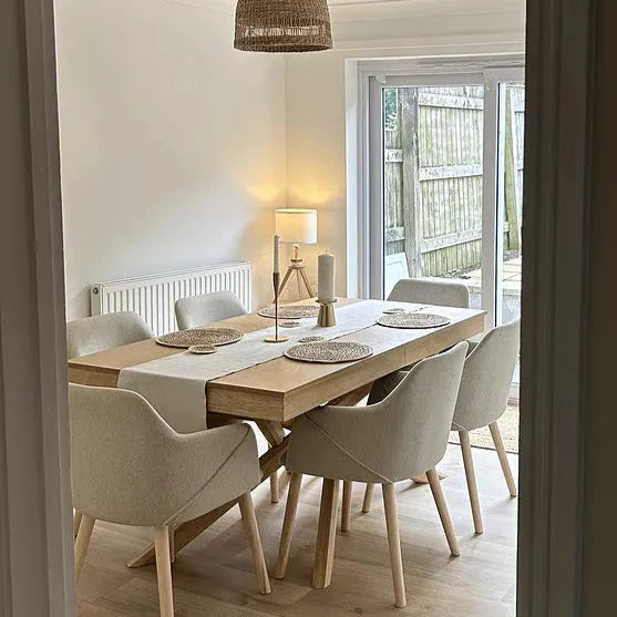 Amelia Whitewash Extendable Dining Table Set - 6 Seater - Freya Sand Carver Chairs - Whitewash Oak Legs - Laura James