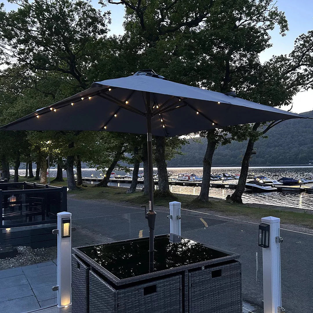 8 Seater Rattan Cube Outdoor Dining Set with Grey LED Premium Parasol - Black Weave - Laura James