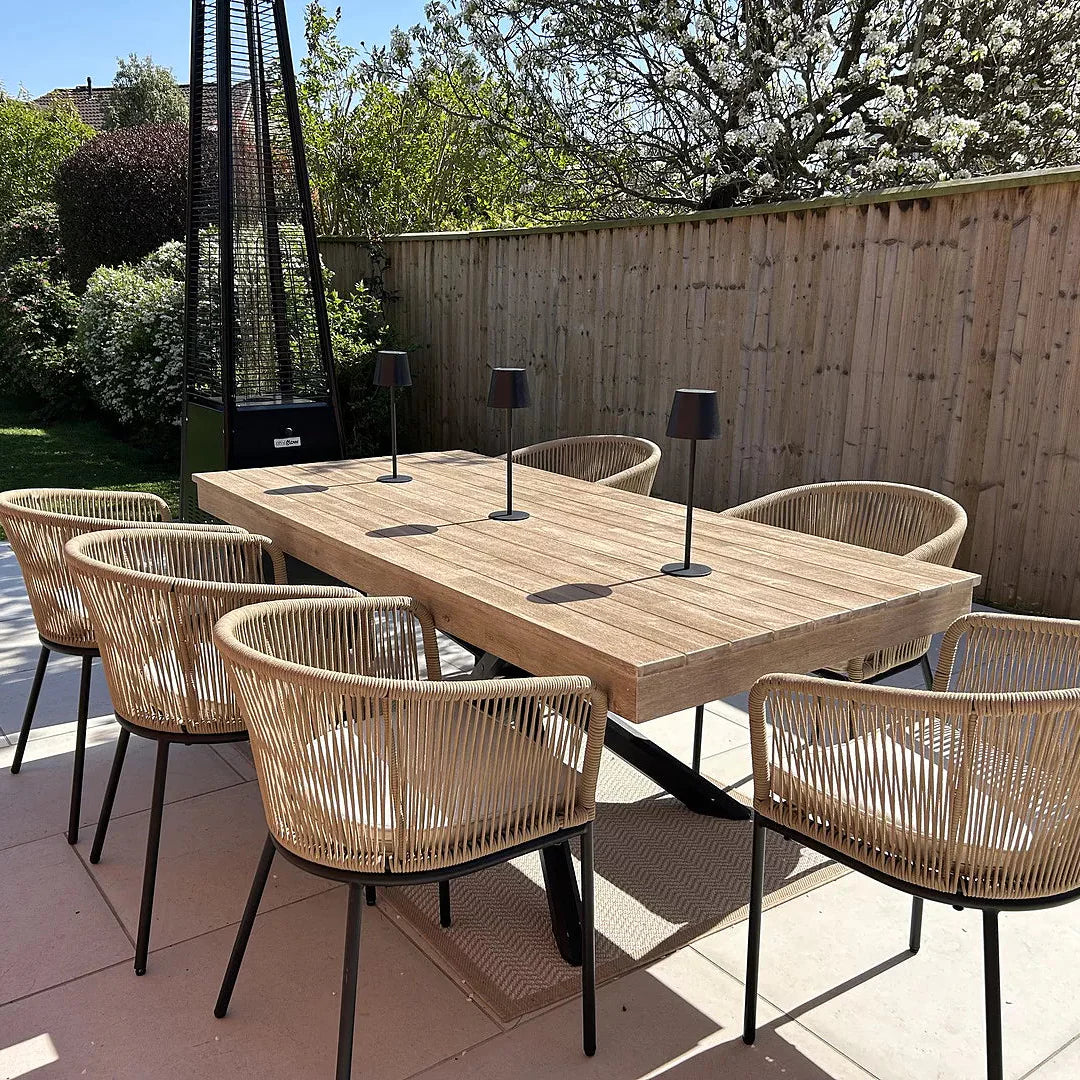 Amelia 6 Seater Whitewash Wood Black Legs Garden Dining Set - Hali Natural Chairs