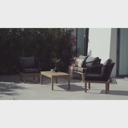 Eaden Rope Garden Conversation Set with Grey LED Premium Cantilever Parasol - Black