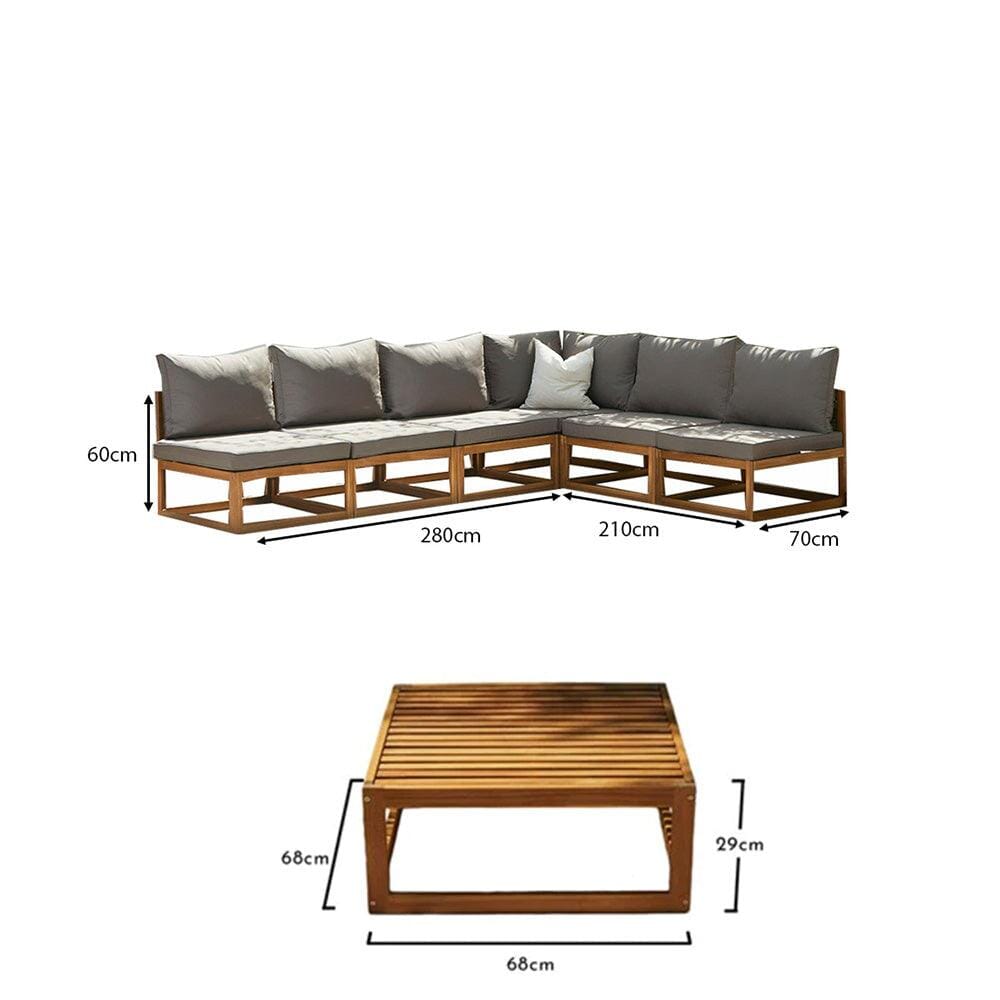 Rowan 6 Seater Wooden Garden Corner Sofa Set with Coffee Table - Grey - Laura James