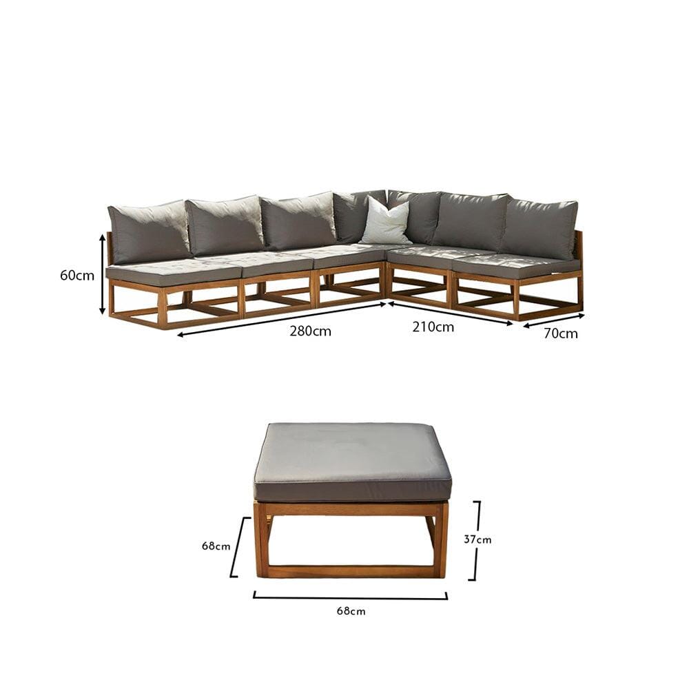 Rowan 7 Seater Wooden Garden Chaise Corner Sofa Set - Grey - Laura James