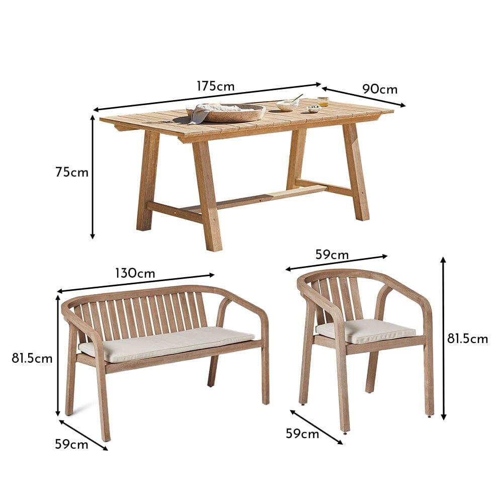 Shiro 6 seater wooden rectangular garden dining table with 4 Shiro chairs and 1 bench - Laura James
