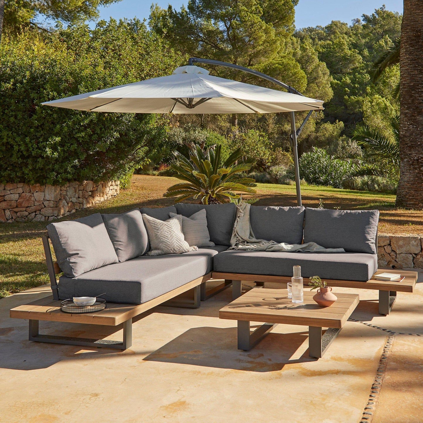 Shiva Grey Garden Corner Sofa Set with Cream Lean Over Parasol - Laura James