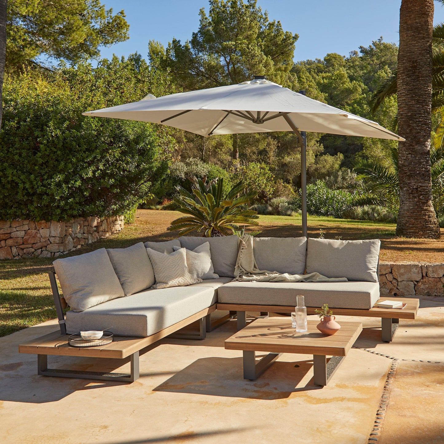 Shiva Garden Corner Sofa Set with Cream Premium LED Parasol - Stone - Laura James