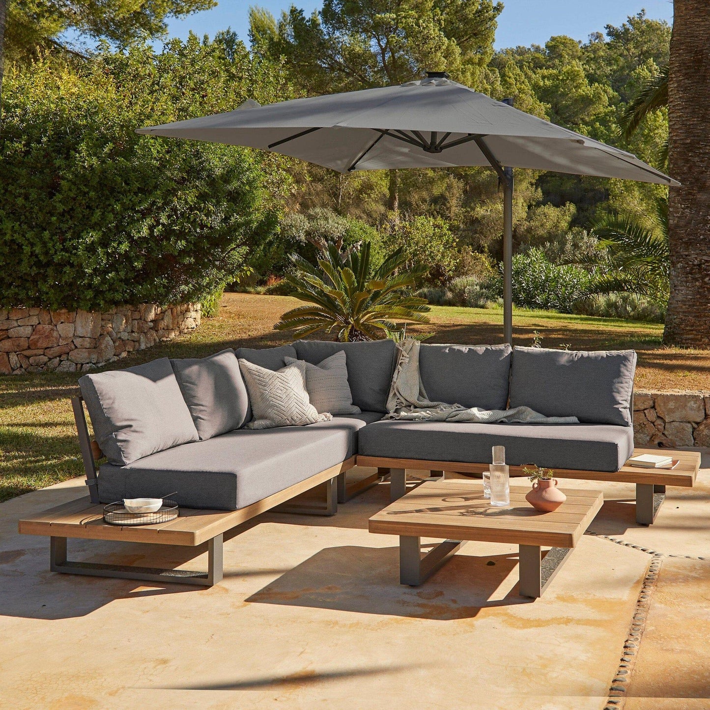 Shiva Garden Lounge Set - Grey - With Grey Premium Cantilever Parasol - Laura James