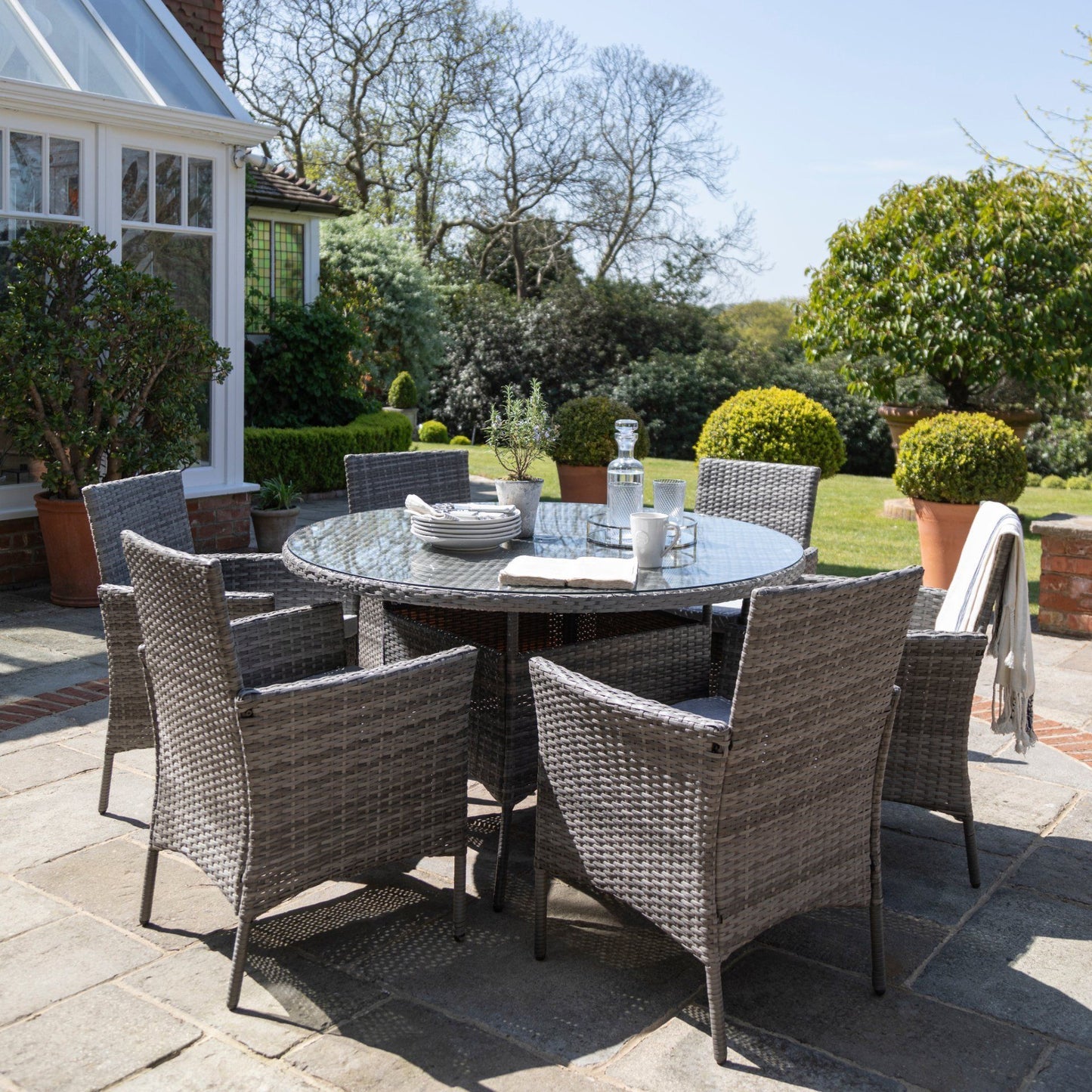 6 Seater Rattan Round Dining Set with Parasol - Rattan Garden Furniture - Grey - In Stock Date - 30th June 2020 - Laura James