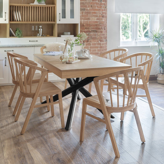Amelia Whitewash Extendable Dining Table Set - 6 Seater - Light Oak Spindle Back Chairs