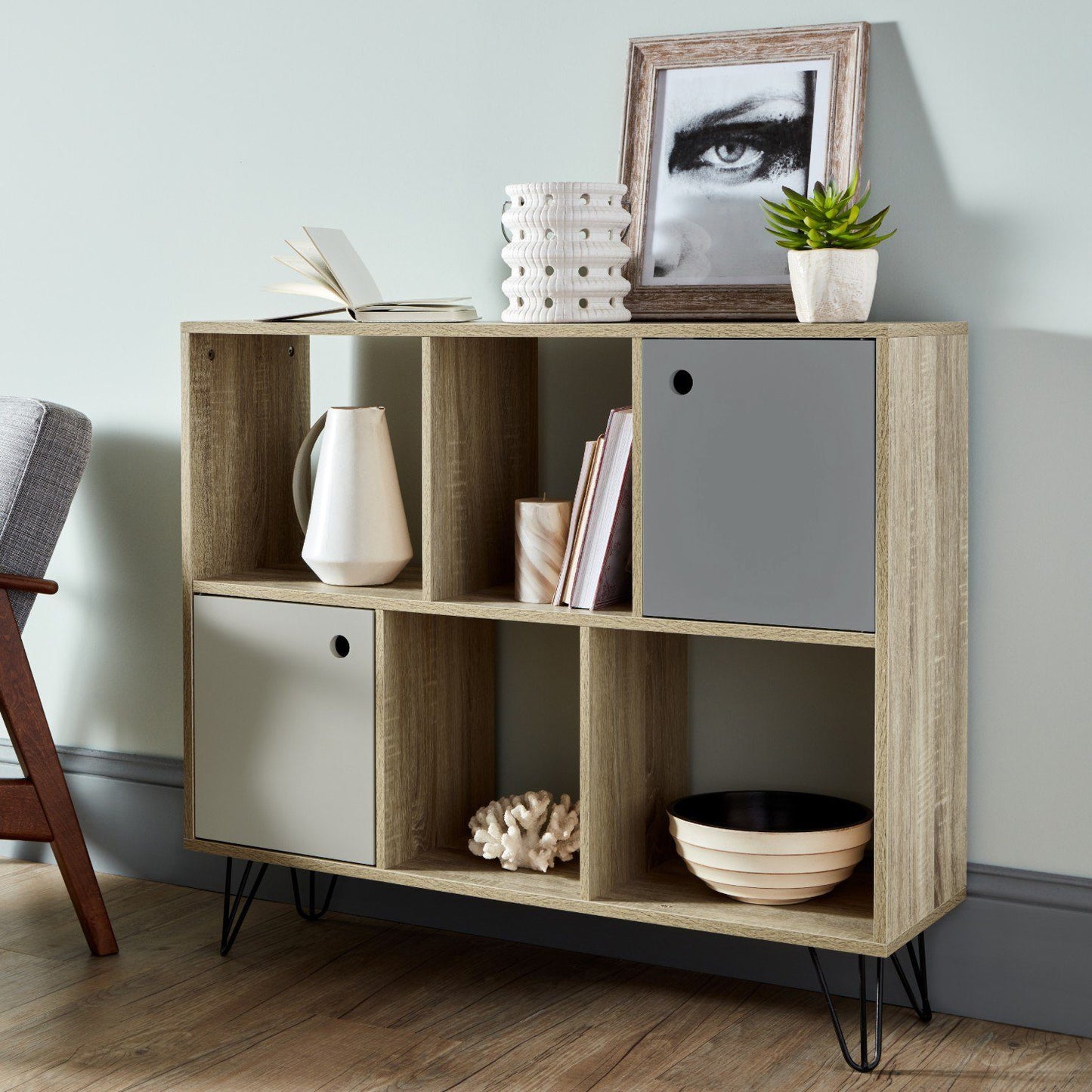 Anderson Oak Effect Mid Century Modern storage unit with grey cupboards - Laura James