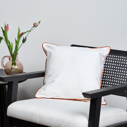 White cotton cushion cover with orange trim - Laura James