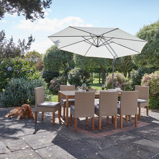 Lennox Table With 8 Oliver Dining Chairs with Cream Lean Over Parasol