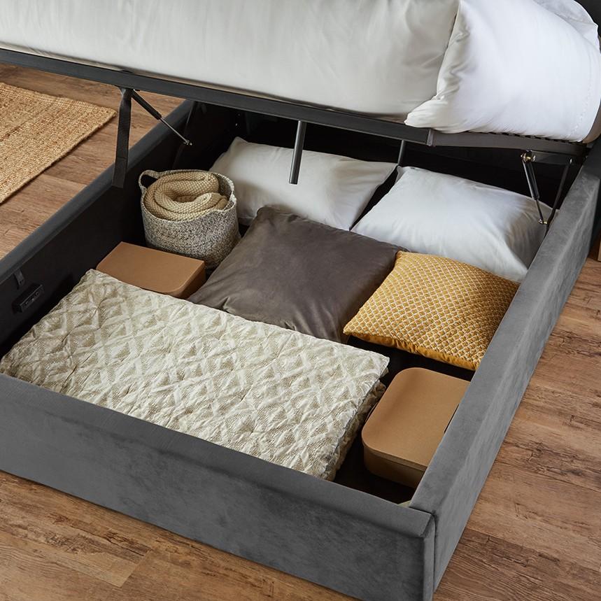 Grey velvet king size ottoman storage bed - Laura James