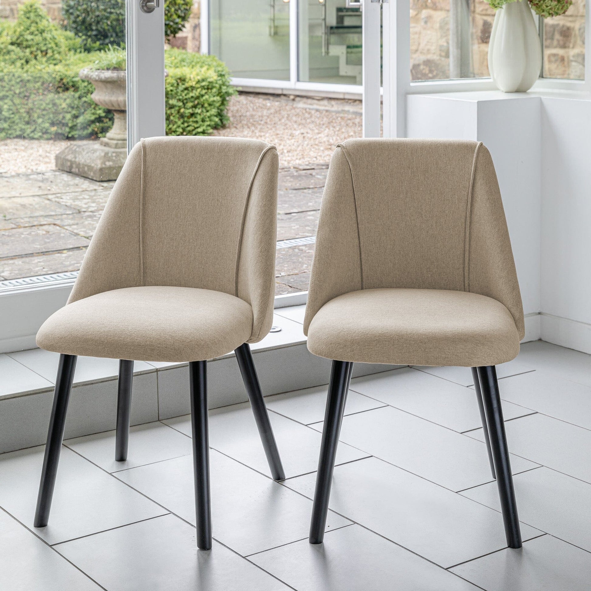 Amelia Whitewash Dining Table Set - 6 Seater - Freya Oatmeal Dining Chairs With Black Legs
