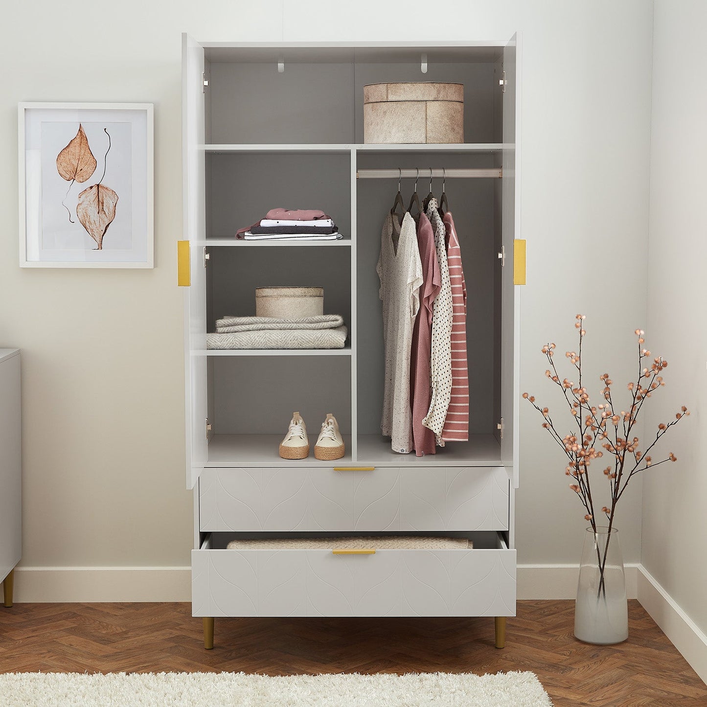 Gloria wardrobe and drawers set - 4 over 4 chest of drawers - grey