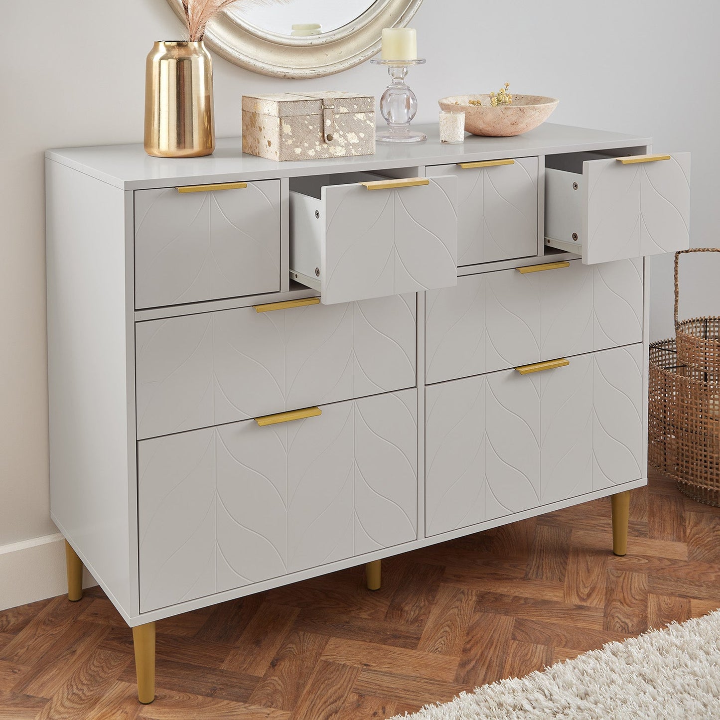 Gloria wardrobe and drawers set - 4 over 4 chest of drawers - grey