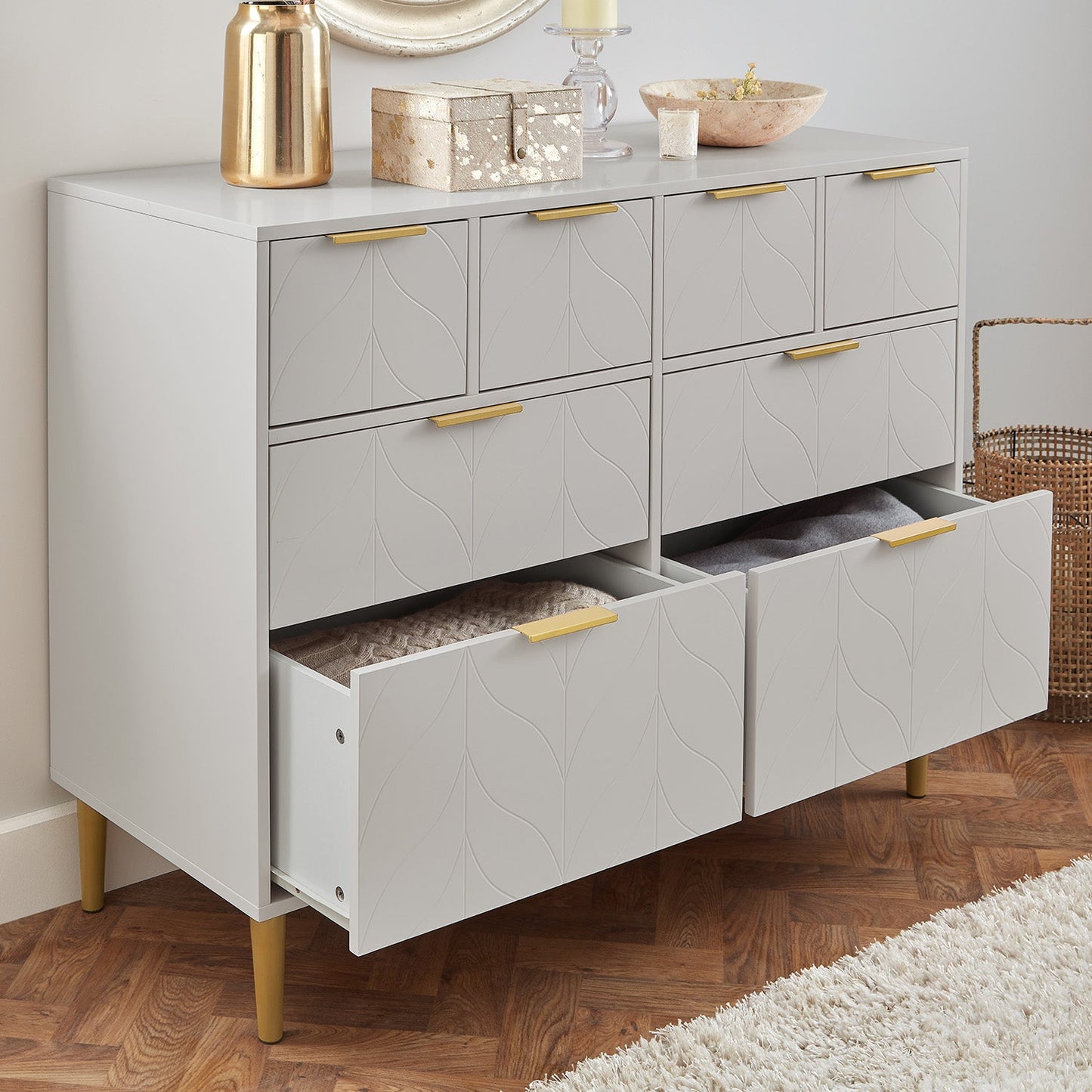 Gloria wardrobe and drawers set - 4 over 4 chest of drawers - grey
