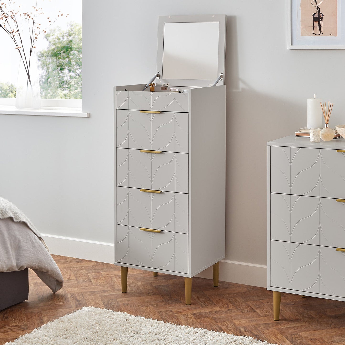 Gloria wardrobe and drawers set - 4 over 4 chest of drawers - grey