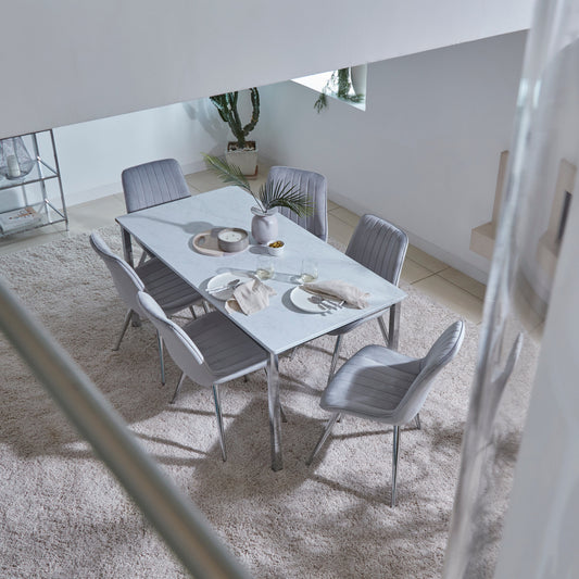 Milo Chrome Marble Table effect Dining Table Set - 6 seater - Bella Grey and Chrome chairs set
