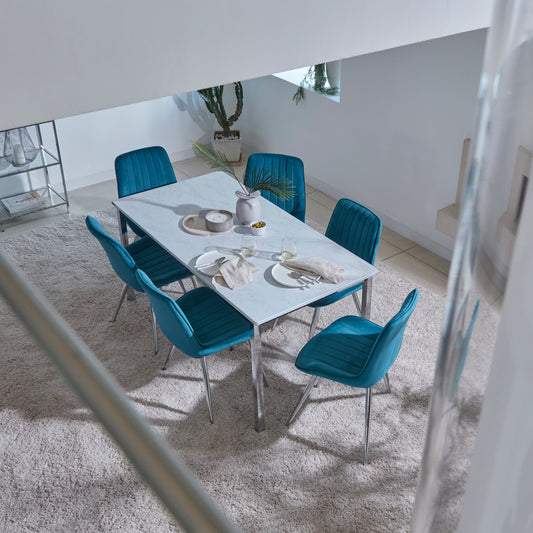 Milo Chrome Marble Table effect Dining Table Set - 6 seater - Bella Teal and Chrome chairs set